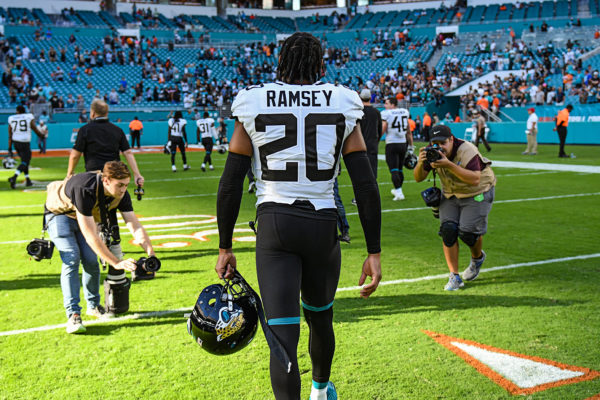 Jacksonville Jaguars cornerback Jalen Ramsey (20) walks off the field
