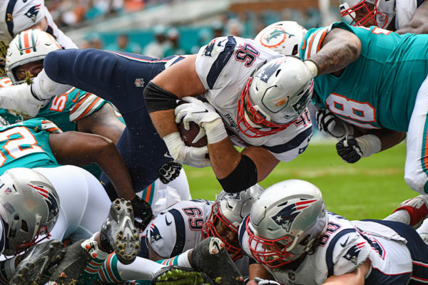 New England Patriots fullback James Develin (46) lunges in for the touchdown