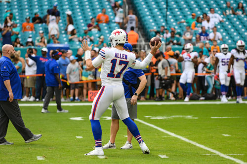 Buffalo Bills quarterback Josh Allen (17) throws warmup passes