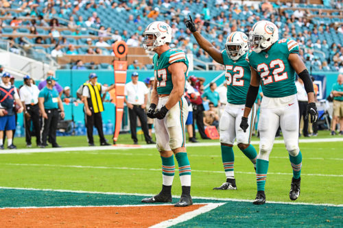 Miami Dolphins outside linebacker Kiko Alonso (47) flexes his muscles after a tackle