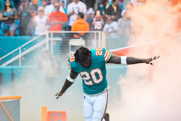 Miami Dolphins free safety Reshad Jones (20) comes flying out