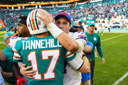 Buffalo Bills quarterback Josh Allen (17) and Miami Dolphins quarterback Ryan Tannehill (17) meet up after the game