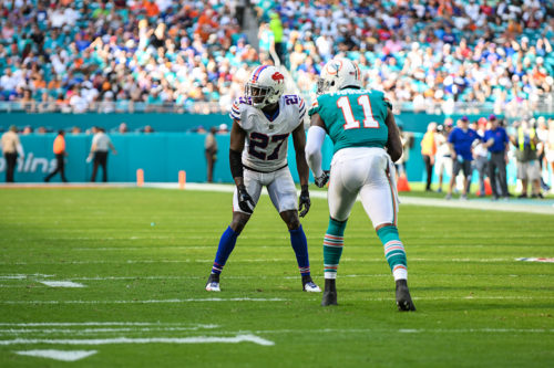 Buffalo Bills cornerback Tre'Davious White (27) lines up against Miami Dolphins wide receiver DeVante Parker (11)