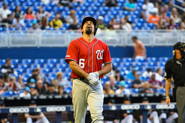 Washington Nationals third baseman Anthony Rendon #6 gets hit by a ptich