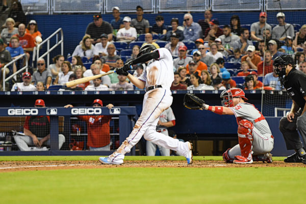 Miami Marlins third baseman Brian Anderson (15) hits a homerun