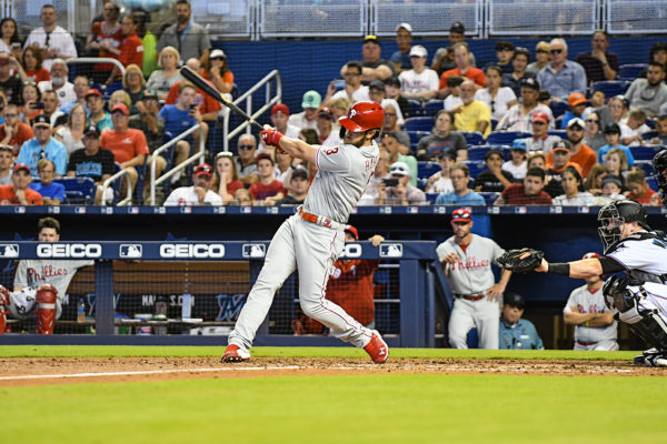Philadelphia Phillies right fielder Bryce Harper (3) hits a double