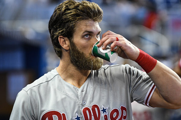 Philadelphia Phillies right fielder Bryce Harper (3) drinking some water