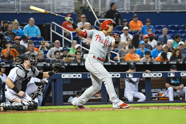 Philadelphia Phillies second baseman Cesar Hernandez (16) watches his homerun