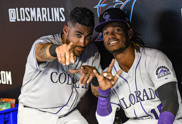 Colorado Rockies first baseman Ian Desmond #20 and Colorado Rockies center fielder Raimel Tapia #15