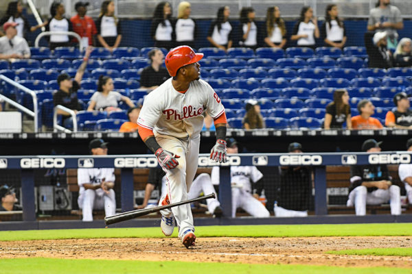 Philadelphia Phillies shortstop Jean Segura (2) watches his homerun