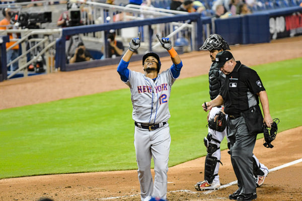 New York Mets center fielder Juan Lagares #12 celebrates a homerun