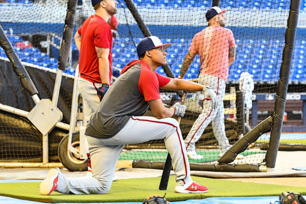 Washington Nationals left fielder Juan Soto #22 watches BP