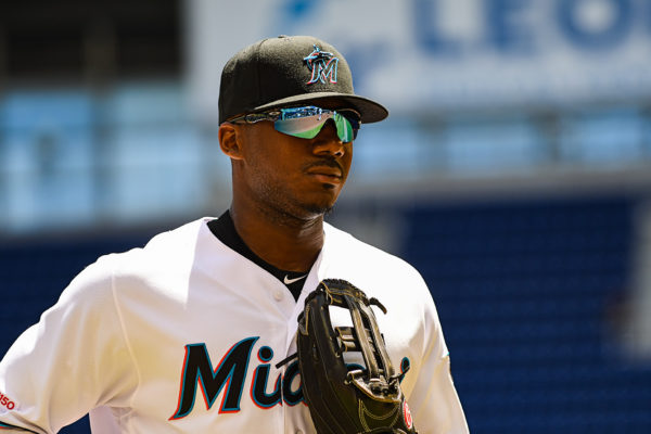 Miami Marlins center fielder Lewis Brinson #9