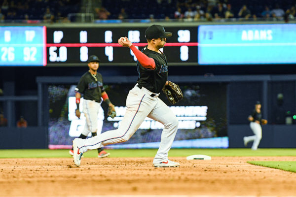 Miami Marlins third baseman Martin Prado #14 makes a throw to 1st