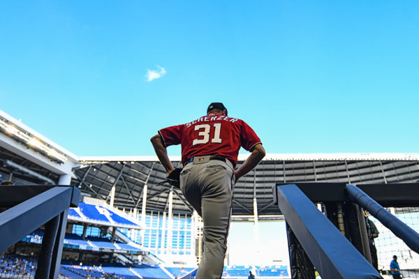 Washington Nationals starting pitcher Max Scherzer #31 heads out to warm up