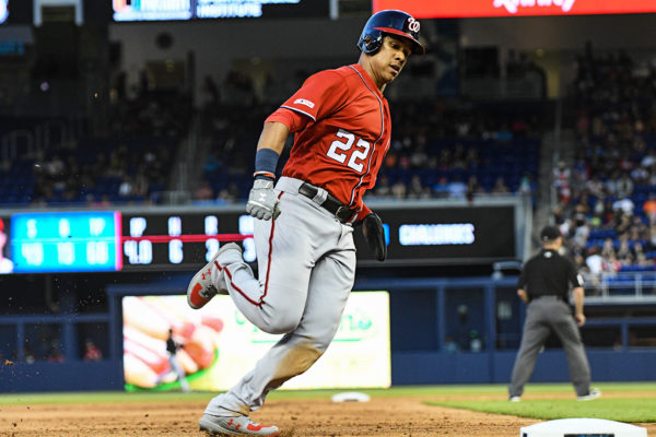 Washington Nationals left fielder Juan Soto #22 rounding 3rd base