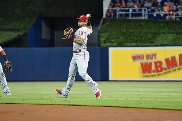 Philadelphia Phillies second baseman Cesar Hernandez (16) makes the throw from the outfield grass