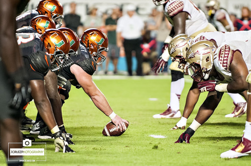 Miami Hurricanes offense lines up against the Florida State Seminoles defense