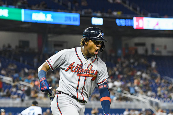 Atlanta Braves left fielder Ronald Acuna Jr. #13 celebrates hitting a game tying homerun