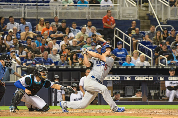 LA Dodgersshortstop Corey Seager (5) hits a homerun 