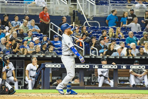 LA Dodgers third baseman Justin Turner (10) hits a homerun