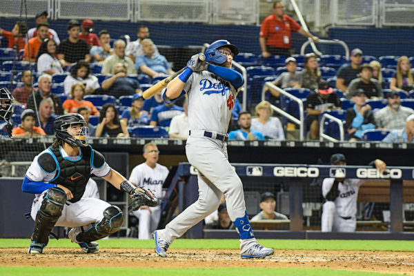 LA Dodgers first baseman Matt Beaty (45) hits a homerun