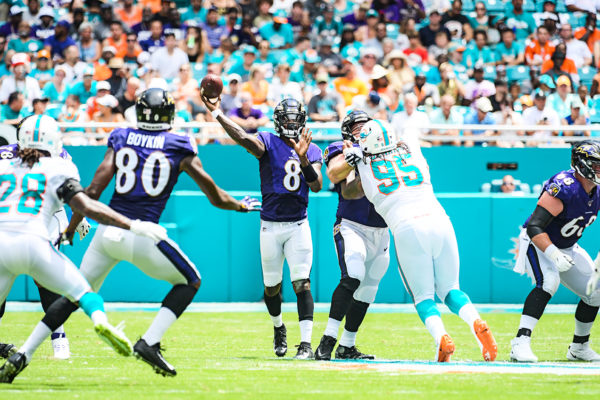 Baltimore Ravens quarterback Lamar Jackson (8) | Baltimore Ravens vs. Miami Dolphins | September 8, 2019 | Hard Rock Stadium