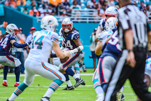 New England Patriots outside linebacker Dont'a Hightower #54 spies on the qb | New England Patriots vs. Miami Dolphins | September 15, 2019 | Hard Rock Stadium