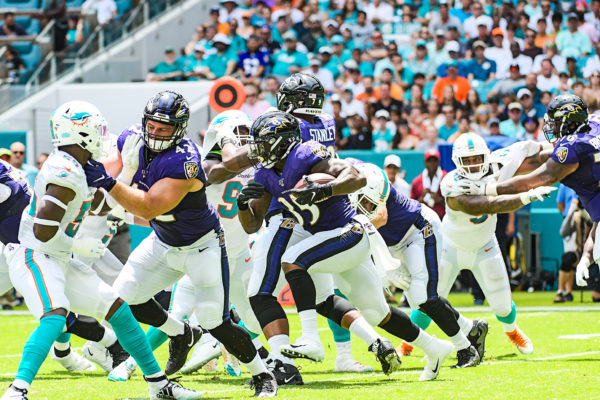 Baltimore Ravens running back Gus Edwards (35) | Baltimore Ravens vs. Miami Dolphins | September 8, 2019 | Hard Rock Stadium