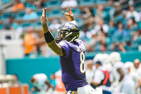 Baltimore Ravens quarterback Lamar Jackson (8) celebrates a touchdown | Baltimore Ravens vs. Miami Dolphins | September 8, 2019 | Hard Rock Stadium