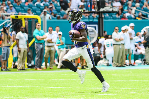 Baltimore Ravens wide receiver Marquise Brown (15) runs in for a touchdown | Baltimore Ravens vs. Miami Dolphins | September 8, 2019 | Hard Rock Stadium