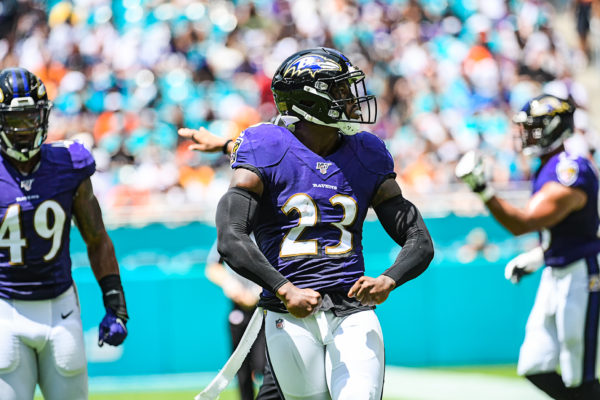 Baltimore Ravens strong safety Tony Jefferson (23) flexes after a tackle | Baltimore Ravens vs. Miami Dolphins | September 8, 2019 | Hard Rock Stadium
