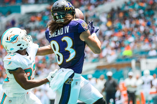 Baltimore Ravens wide receiver Willie Snead (83) hauls in a touchdown pass | Baltimore Ravens vs. Miami Dolphins | September 8, 2019 | Hard Rock Stadium